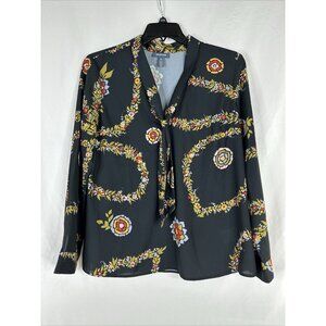 ModCloth Top Blouse Womens Size XL Gray Floral Long Sleeve Front Tie BOHO New